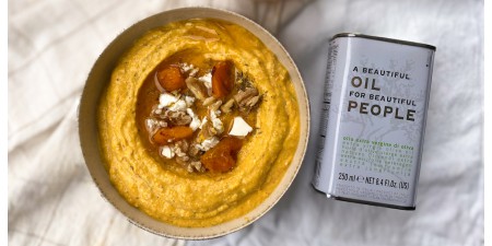 Pompoen feta dip met walnoten